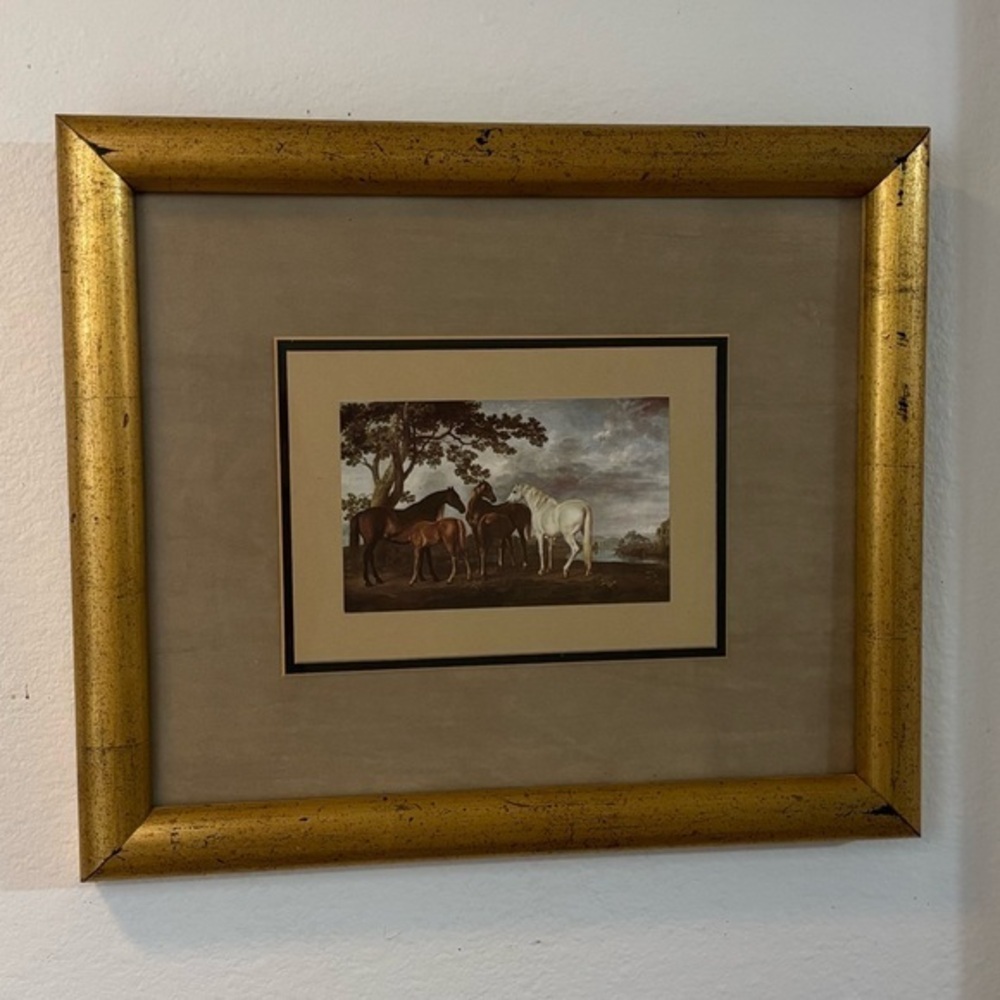 Framed print of "Mares and Foals in a River Landscape" George Stubbs. Horse art
